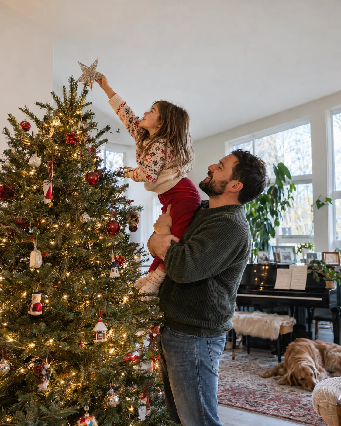 A father lifting his daughter to place a star on the Christmas tree.