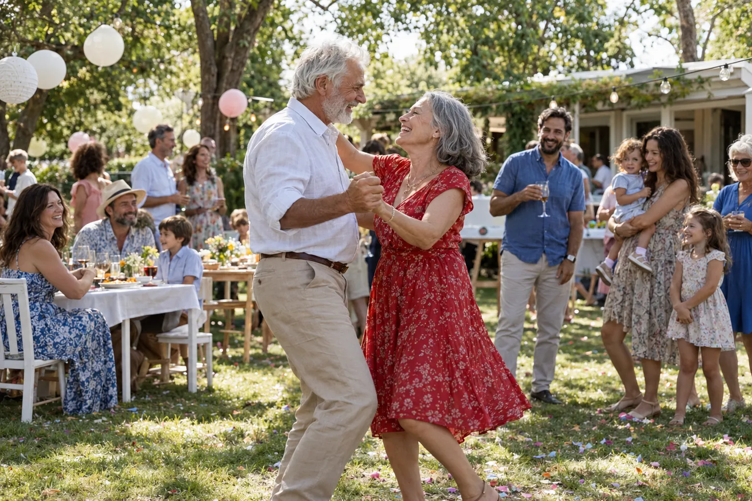 A couple dancing together at an outdoor family celebration.