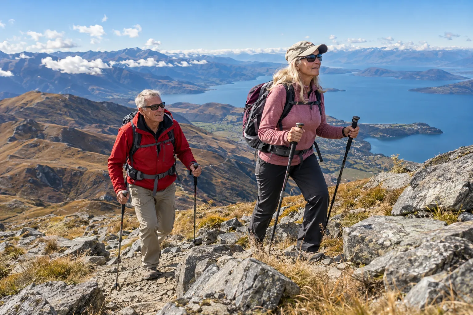 A couple hiking in the mountains above a lake.